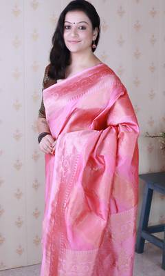 baby pink soft silk blend woven zari ethnic partywear saree 3
