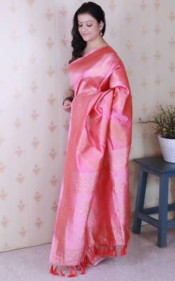 baby pink soft silk blend woven zari ethnic partywear saree 4