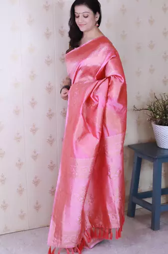 baby pink soft silk blend woven zari ethnic partywear saree
