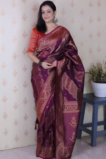 wine color soft silk blend  woven jari designer ethnic partywear saree