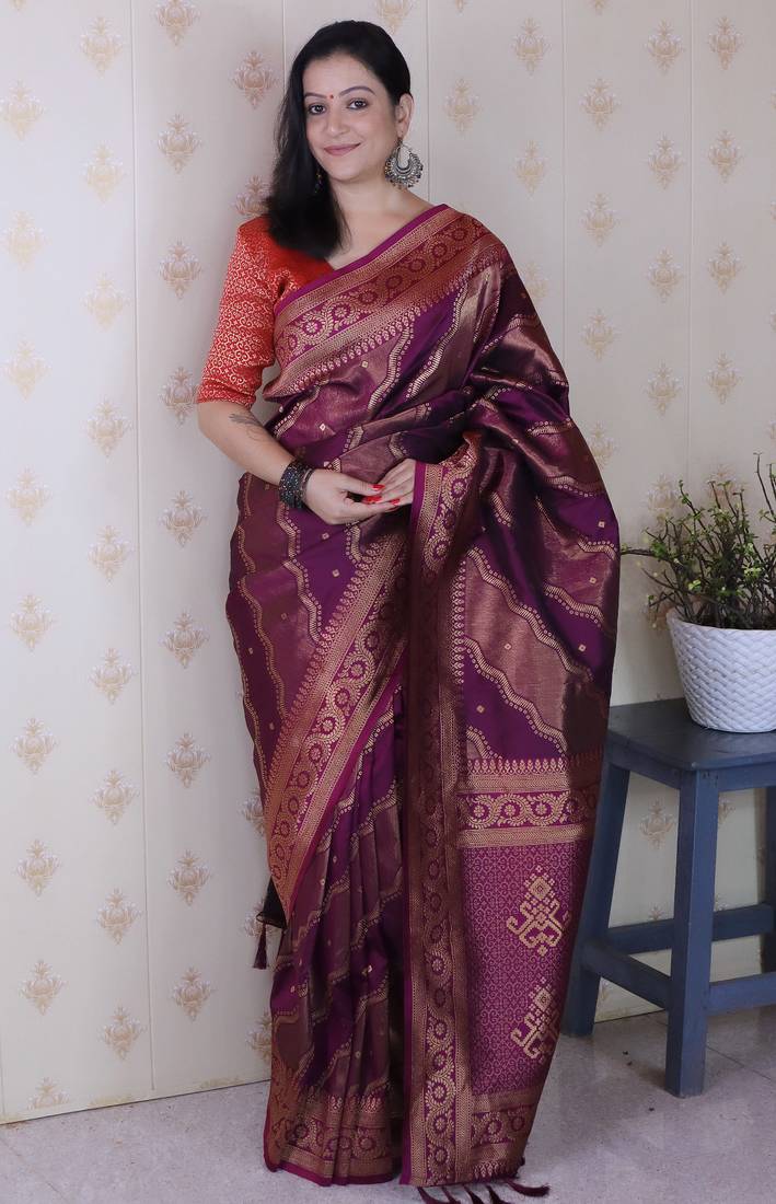 wine color soft silk blend  woven jari designer ethnic partywear saree