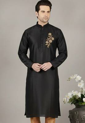 Black embroidered dupion silk kurta 1