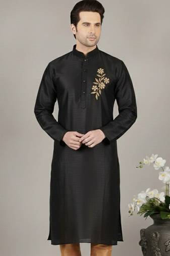 Black embroidered dupion silk kurta