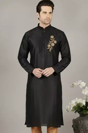 Black embroidered dupion silk kurta