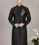 Black embroidered dupion silk kurta