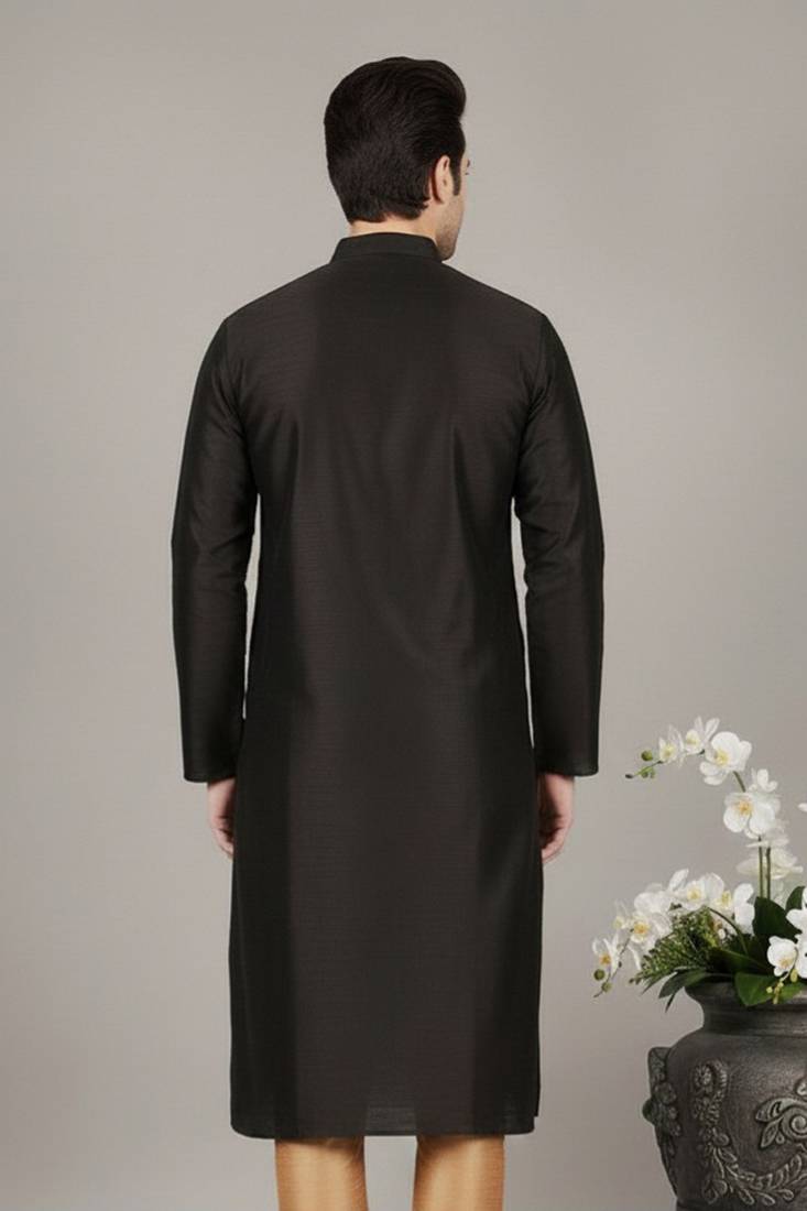 Black embroidered dupion silk kurta