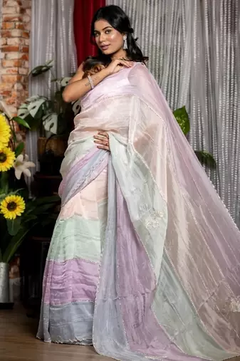 multicolor woven organza sequins work all seasons sarees