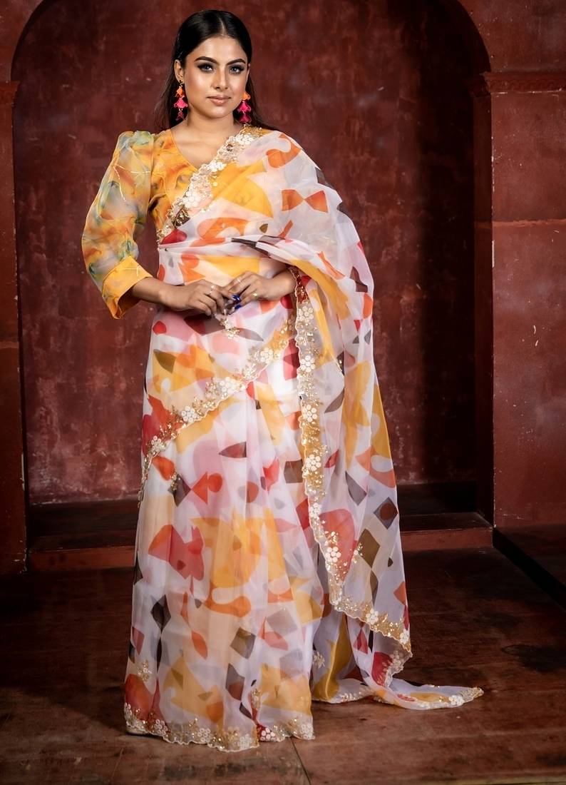 multicolor printed organza resham embroidery all seasons sarees
