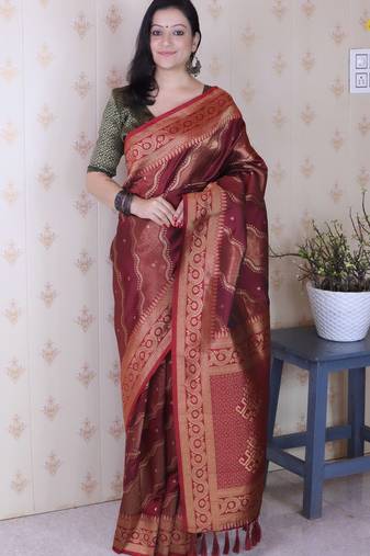 maroon color soft silk blend  woven jari designer ethnic partywear saree