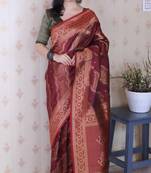 maroon color soft silk blend  woven jari designer ethnic partywear saree