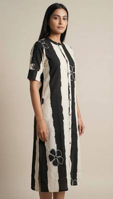 black striped floral embroidered cotton straight kurti for women 2