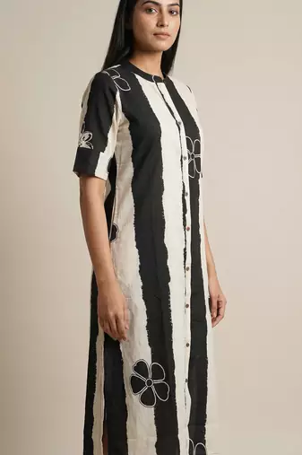 black striped floral embroidered cotton straight kurti for women