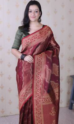 maroon soft silk blend woven zari ethnic partywear saree 3