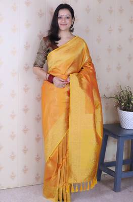 orange soft silk blend woven zari ethnic partywear saree 1
