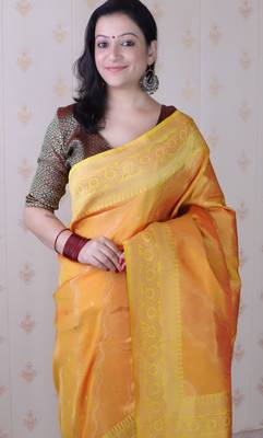 orange soft silk blend woven zari ethnic partywear saree 3