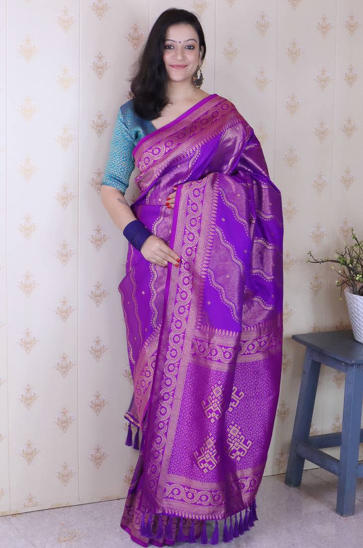 purple color soft silk blend  woven jari designer ethnic partywear saree