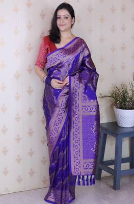 violet soft silk blend woven zari ethnic partywear saree 1
