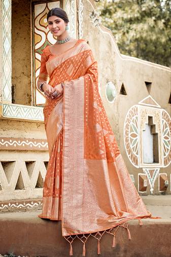 orange color assam silk blend fabric woven designer saree for party looks