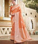 orange color assam silk blend fabric woven designer saree for party looks