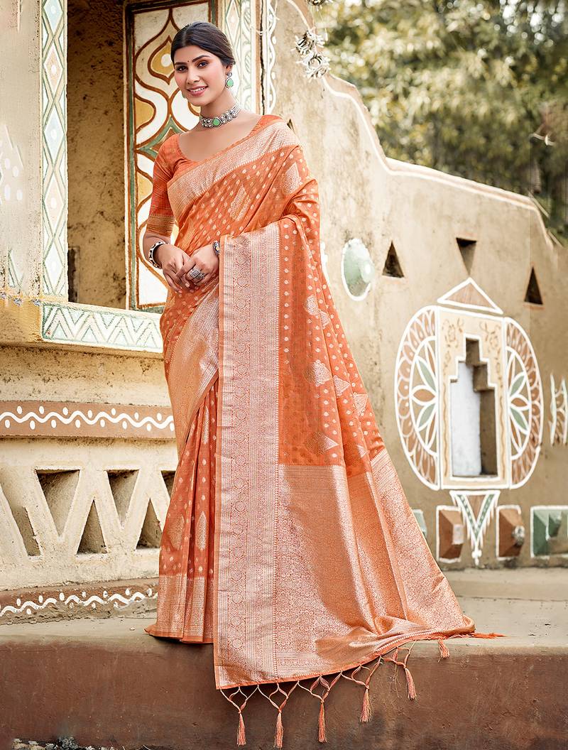 orange color assam silk blend fabric woven designer saree for party looks