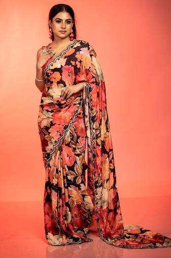 black printed faux silk blend blend resham embroidery all seasons sarees