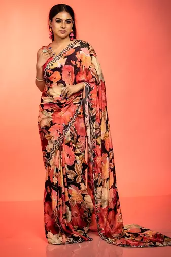 black printed faux silk blend blend resham embroidery all seasons sarees