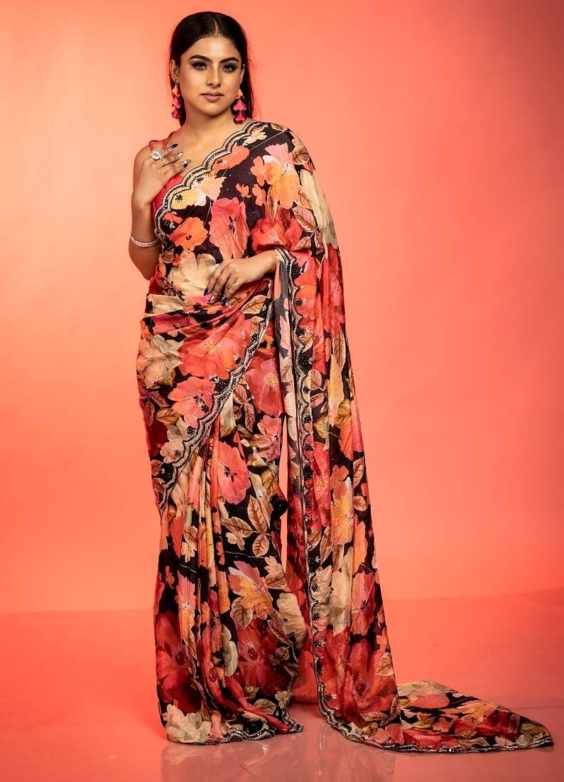 black printed faux silk blend blend resham embroidery all seasons sarees