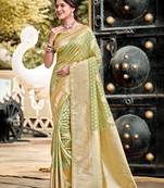mint green color assam silk blend fabric woven designer saree for party looks