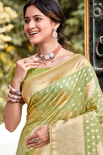 mint green assam silk blend woven saree party looks