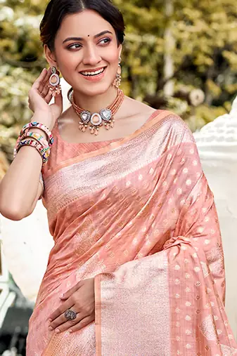 peach assam silk blend woven saree party looks