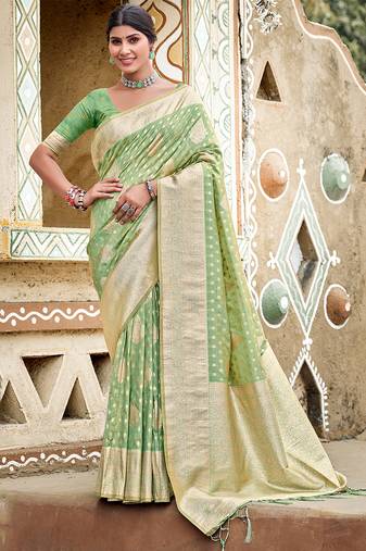 sea green color assam silk blend fabric woven designer saree for party looks
