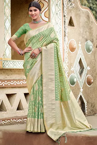 sea green color assam silk blend fabric woven designer saree for party looks