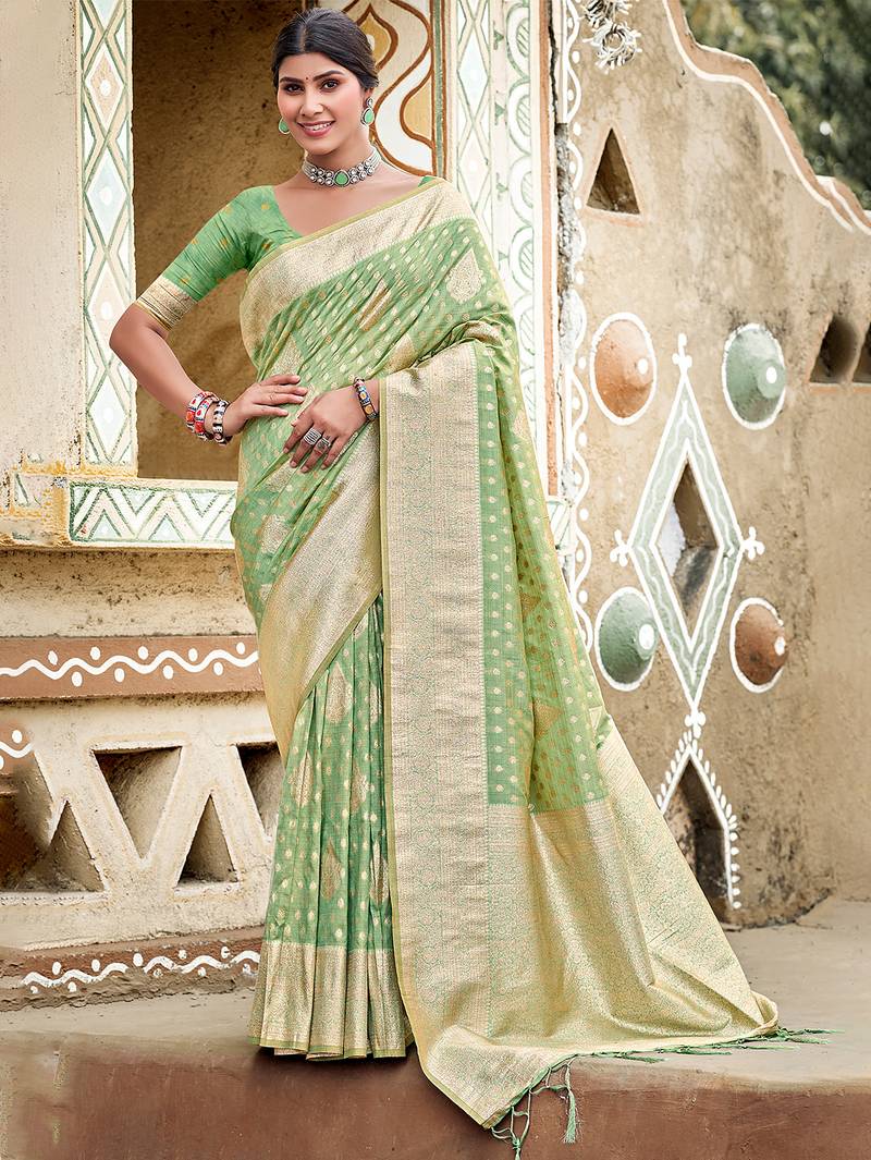 sea green color assam silk blend fabric woven designer saree for party looks
