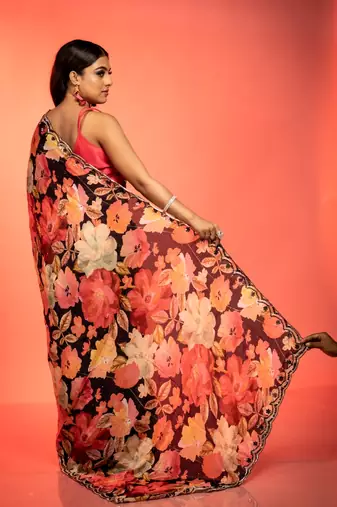 black printed faux silk blend blend resham embroidery all seasons sarees
