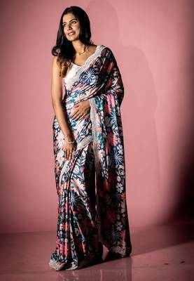 blue printed satin resham embroidery all seasons sarees 1