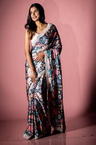 blue printed satin resham embroidery all seasons sarees
