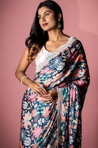 blue printed satin resham embroidery all seasons sarees