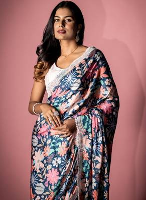 blue printed satin resham embroidery all seasons sarees 3