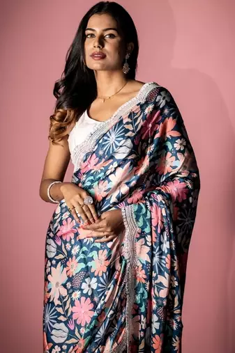 blue printed satin resham embroidery all seasons sarees
