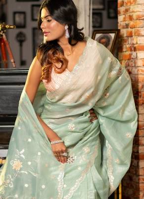green woven tissue zari work all seasons sarees 2
