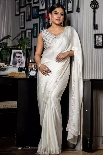 white woven satin sequins work all seasons sarees