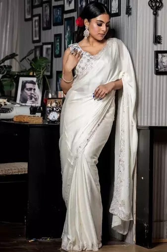 white woven satin sequins work all seasons sarees