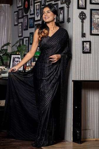 black woven satin stone work all seasons sarees