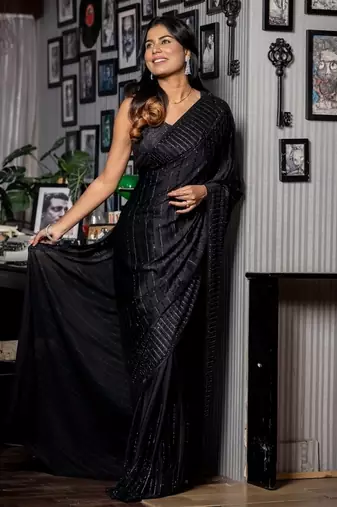 black woven satin stone work all seasons sarees