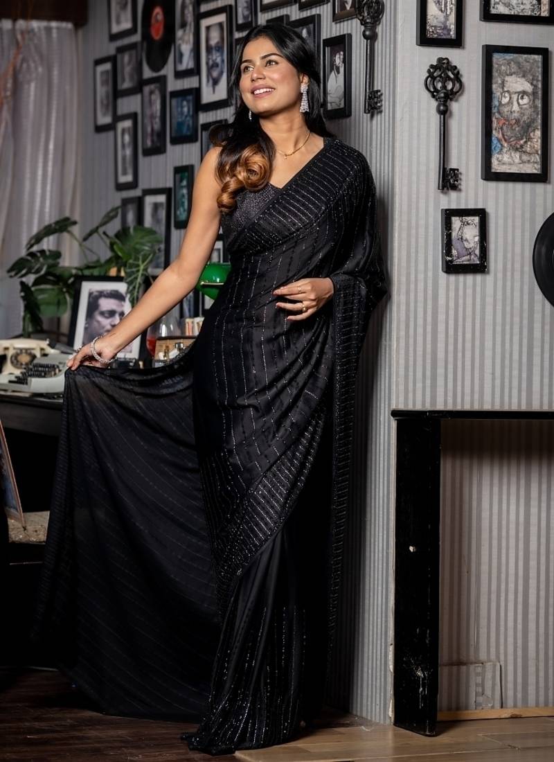 black woven satin stone work all seasons sarees