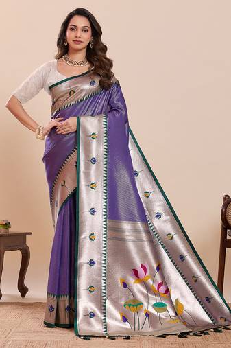 lavender color soft silk blend fabric woven jari designer partywear saree