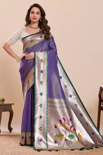 lavender color soft silk blend fabric woven jari designer partywear saree
