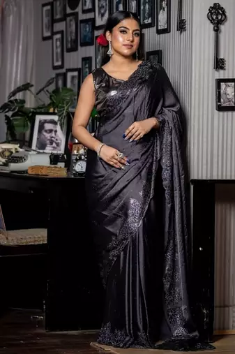 grey woven satin stone work all seasons sarees