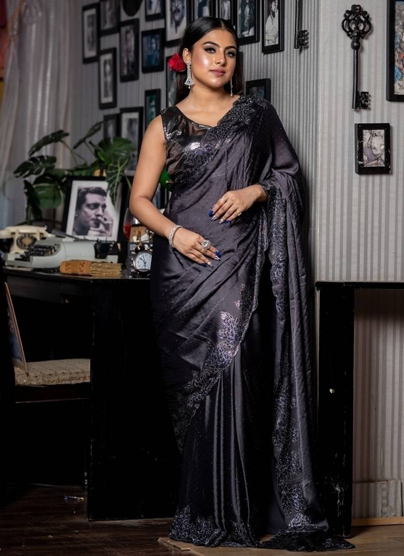 grey woven satin stone work all seasons sarees