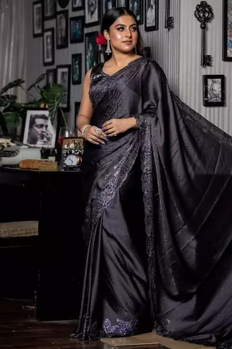 grey woven satin stone work all seasons sarees
